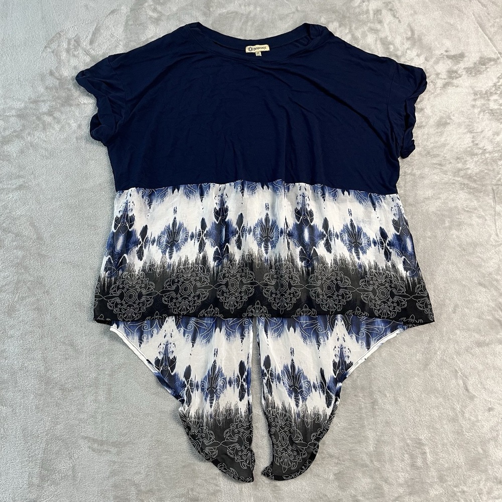 Democracy Womens 2X Blue Mixed Print Flutter Sleeve Layered Blouse Top Plus Size